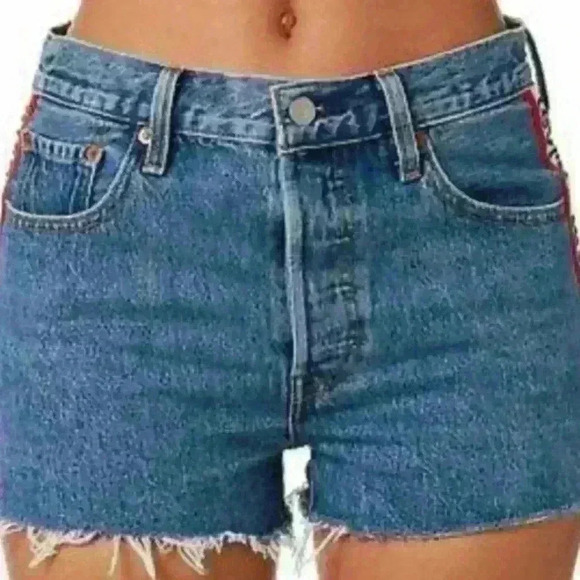 Levi's 501 High Rise Logo Stripe Sport Tape Shorts Jean Denim Shorts size 26 - Picture 5 of 13